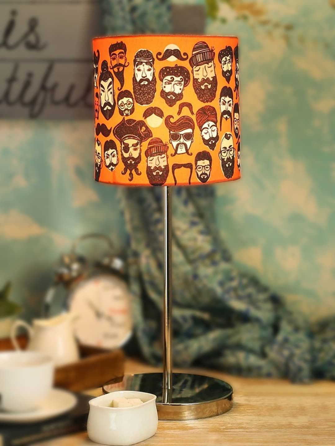 green girgit Steel-Coloured & Orange Printed Buffet Lamp with Shade