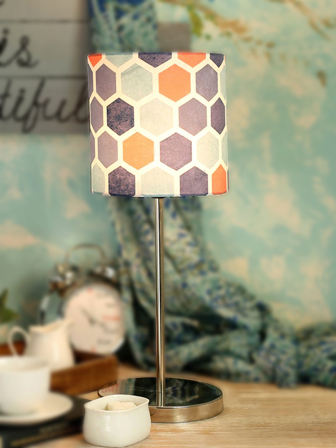 green girgit Steel-Coloured & Beige Printed Hexa Lamp with Shade