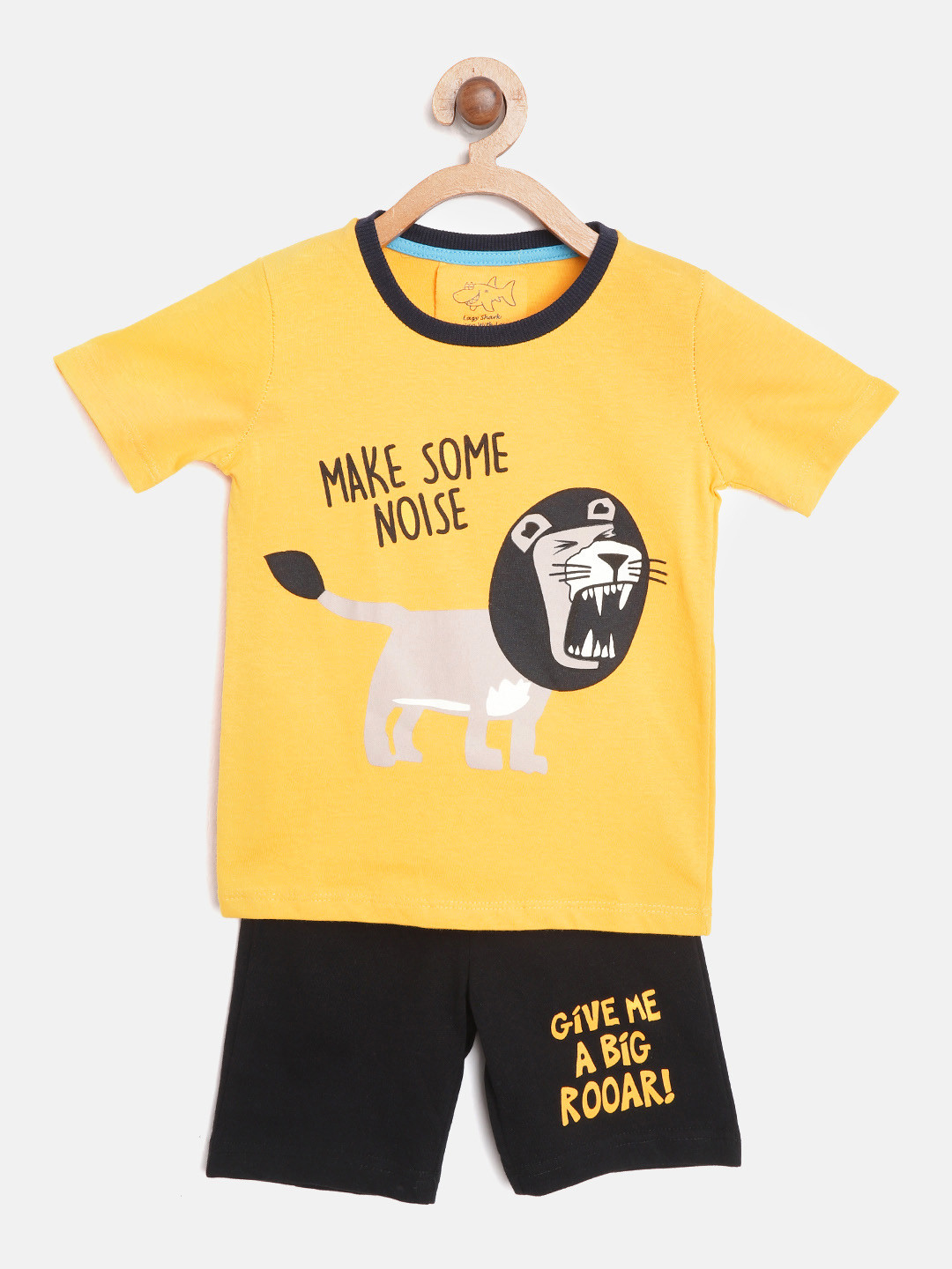 Lazy Shark Boys Yellow & Black Printed T-shirt with Shorts