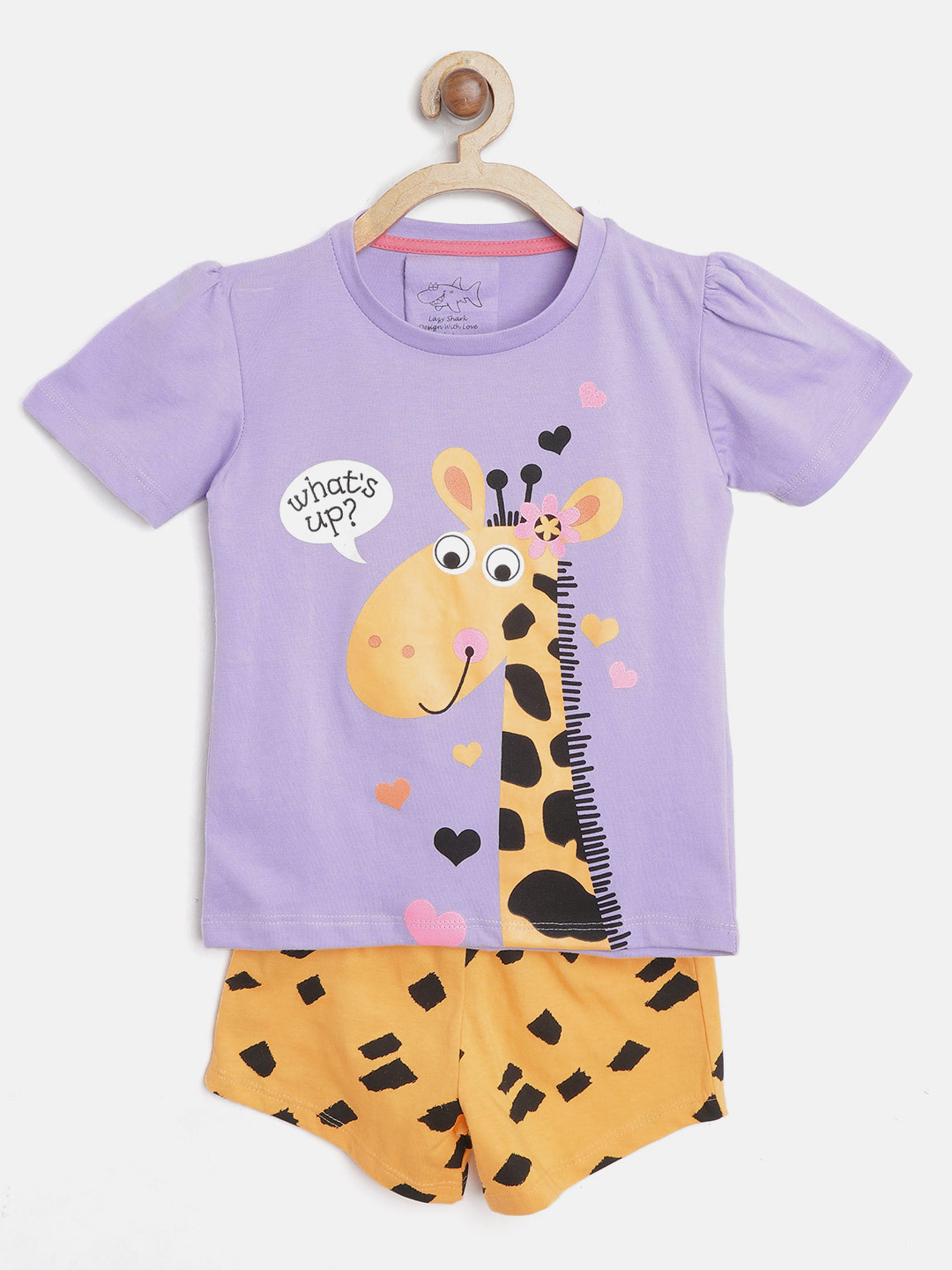 Lazy Shark Girls Lavender &Yellow Printed T-shirt with Shorts