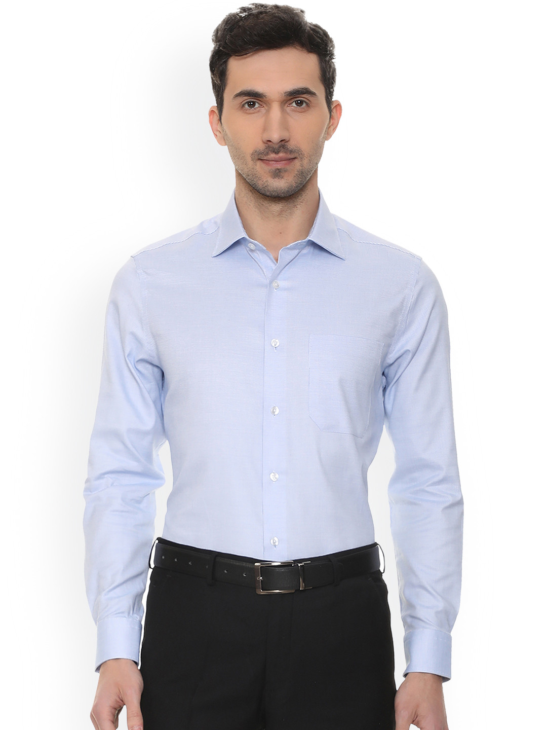 Louis Philippe Permapress Men Blue Regular Fit Self Design Formal Shirt