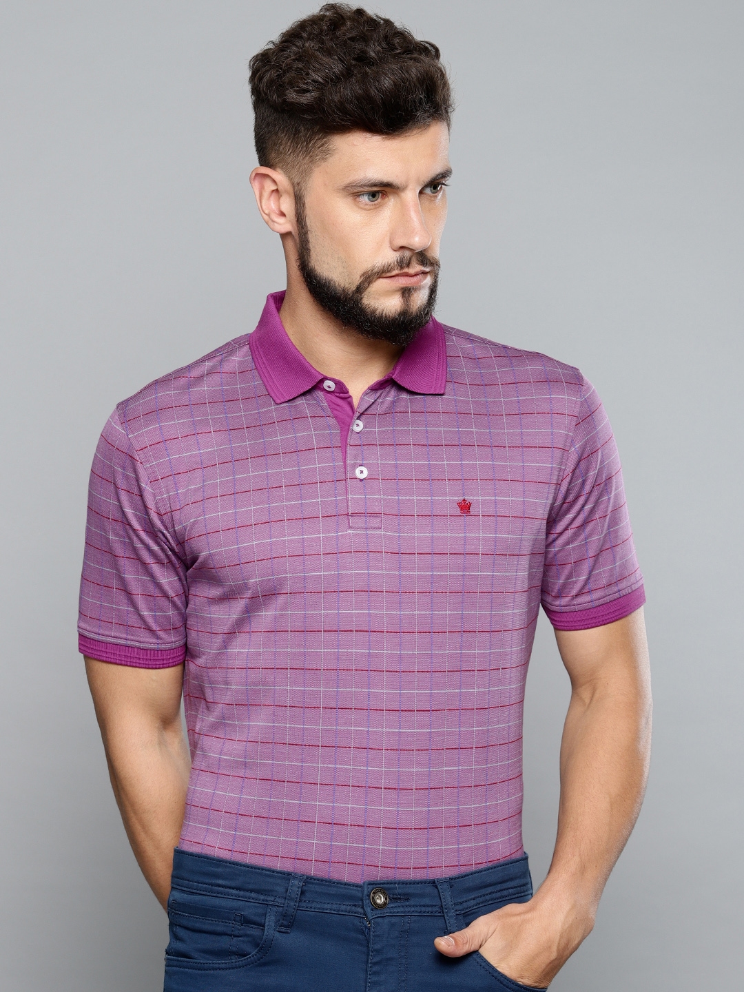 Louis Philippe Men Purple Checked Polo Collar Pure Cotton T-shirt