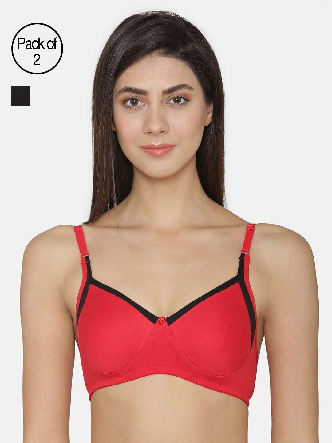 ABELINO Pack of 2 Solid Non-Wired Non Padded Everyday Bras COM5121BLACKRED