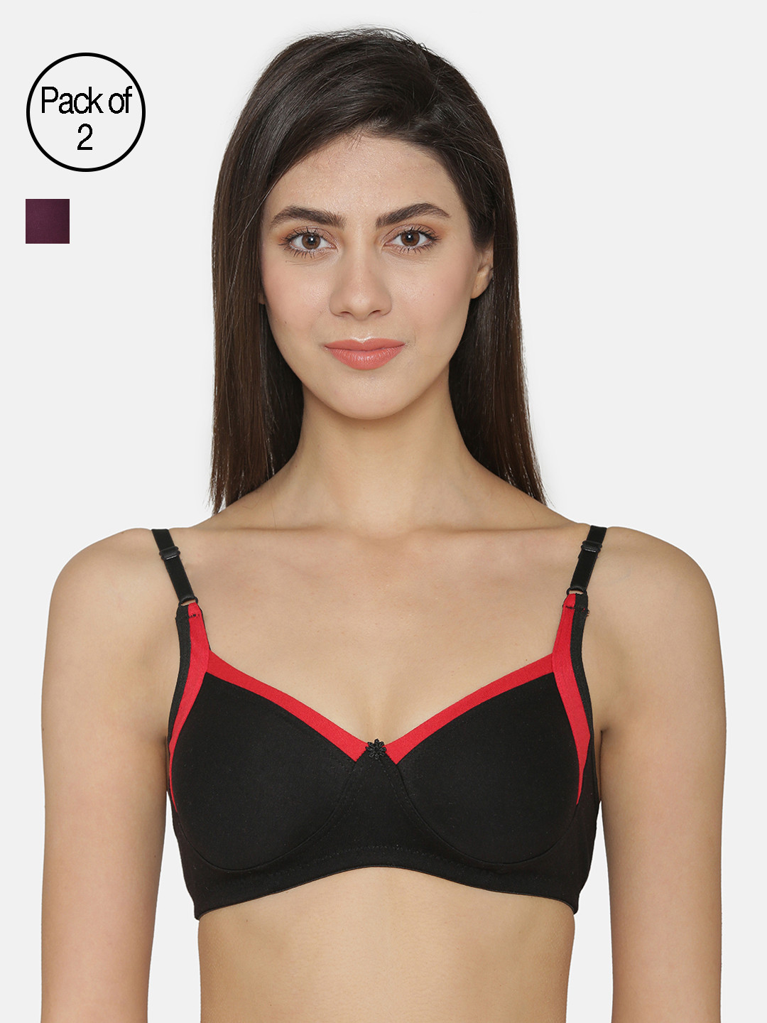 ABELINO Pack of 2 Solid Non-Wired Non Padded Everyday Bras COM5121BLACKPURPLE