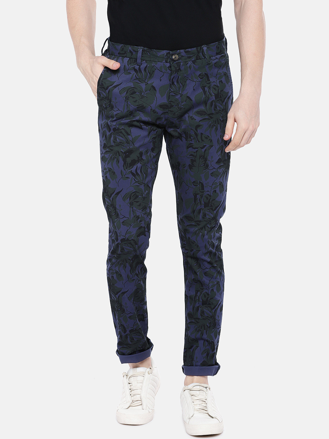 Blackberrys Men Navy Blue & Green Z96 Slim Fit Printed Trousers