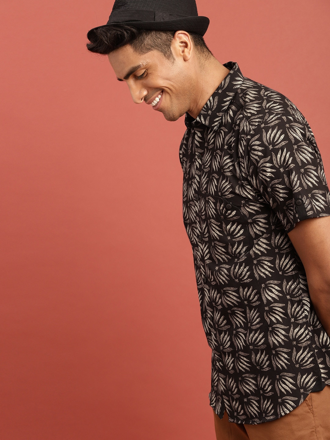 Taavi Men Black Hand Block Print Legacy Casual  Shirt with Roll-Up Sleeves