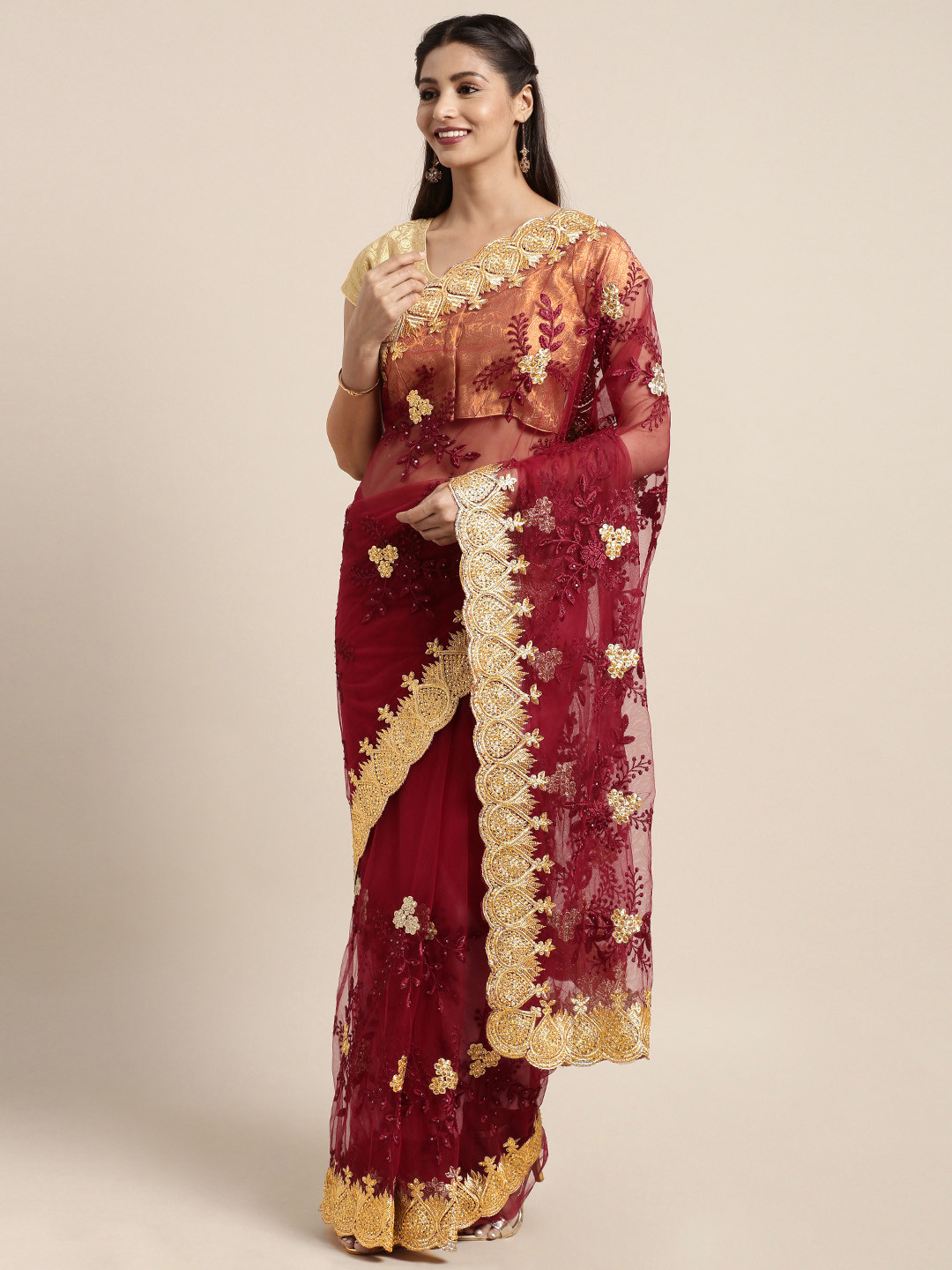 maroon saree myntra