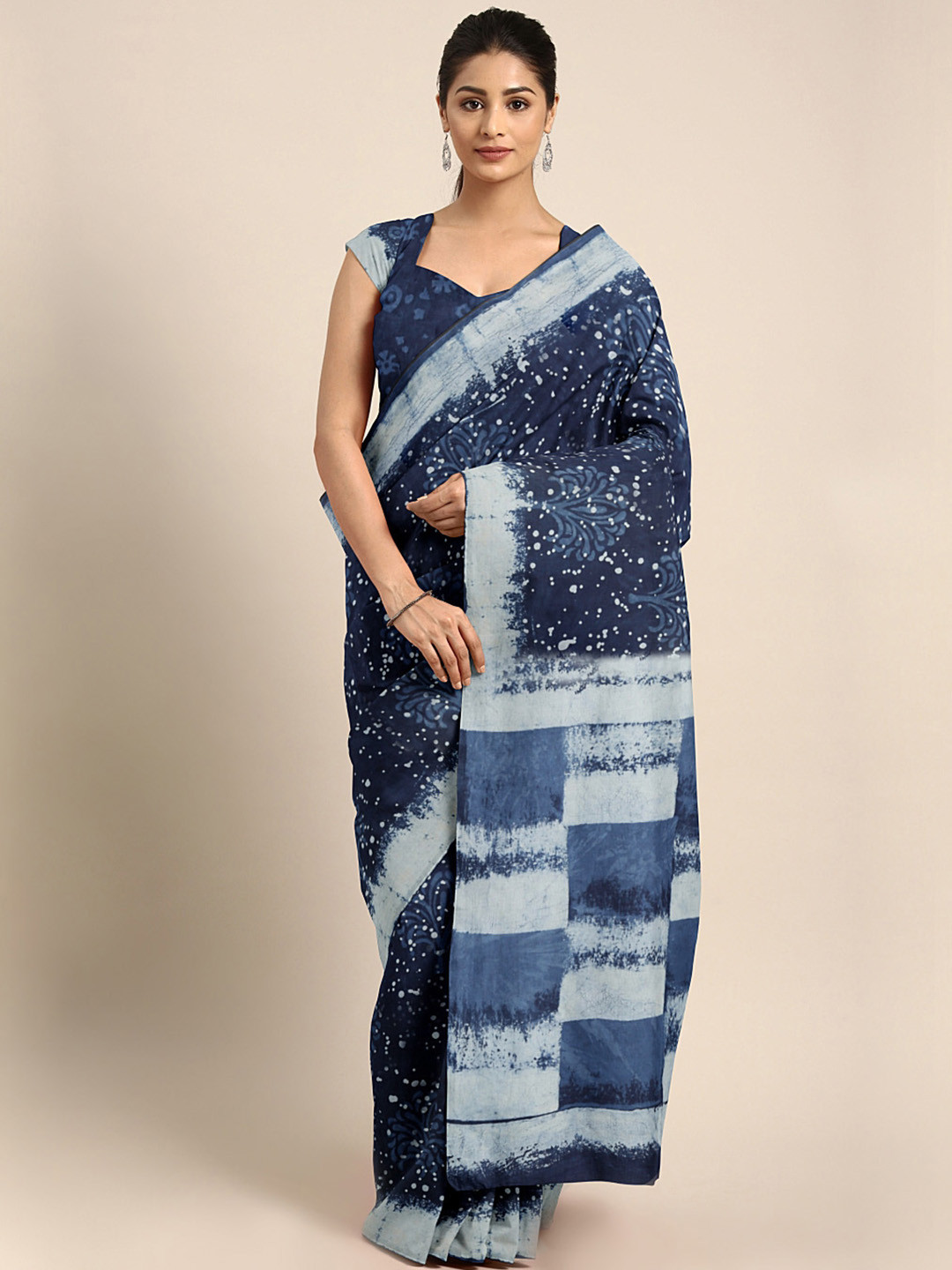 Kalakari India Navy Blue Handblock Print Indigo Dyed Sustainable Saree