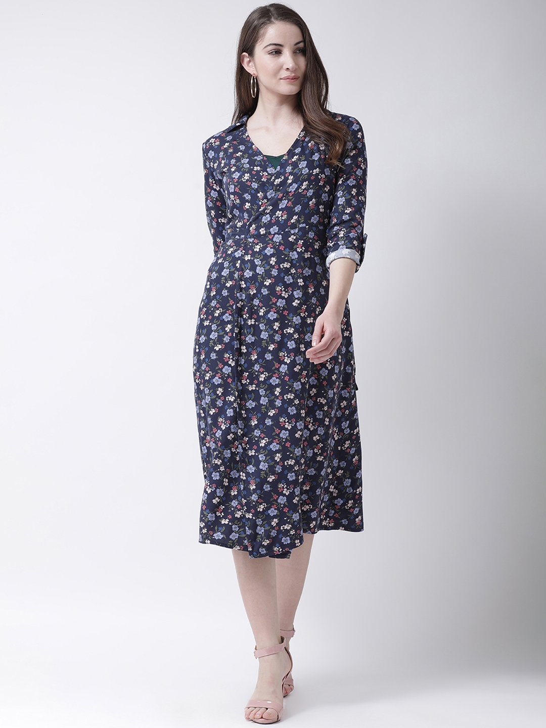 The Vanca Women Navy Blue Printed Wrap Dress Cum Shrug
