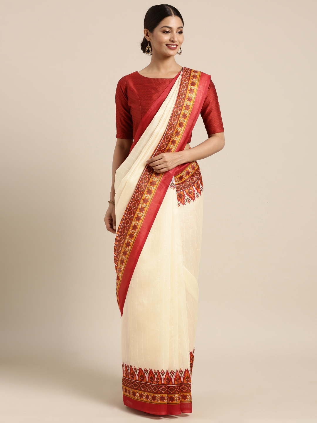 off white saree with maroon border