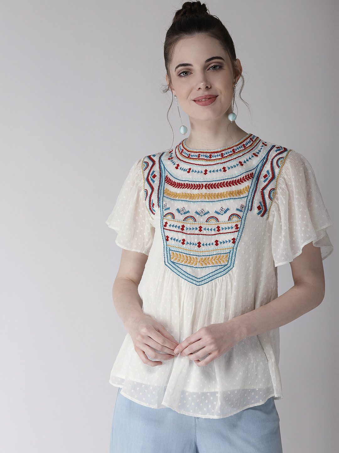 Antheaa Geometric Embroidered Round Neck A-Line Top with Pleated Detail