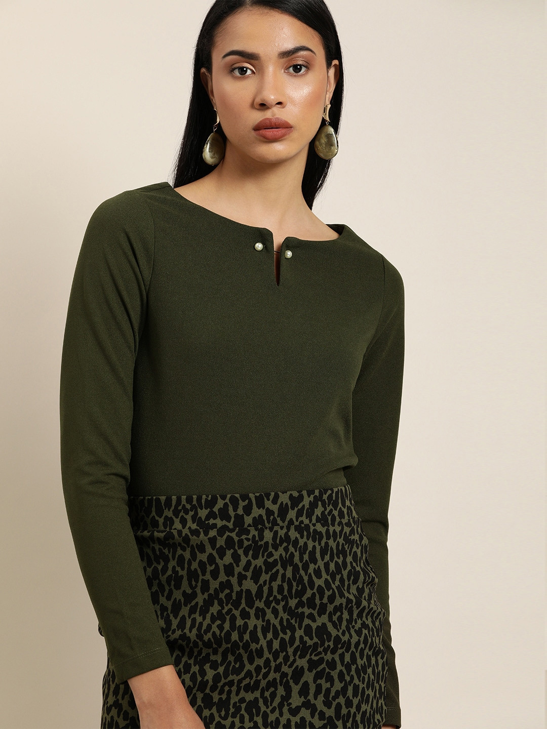 her by invictus Women Olive Green Solid Top With an Embellished Closure