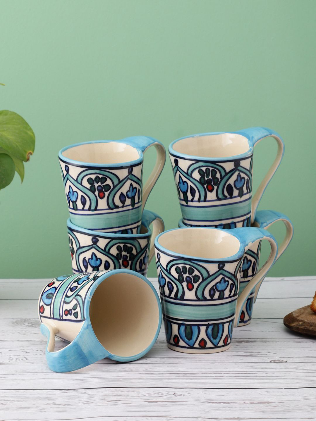 VarEesha wavy Off White Ethnic Motifs Ceramic Handmade 6 Piece Mugs-150ml