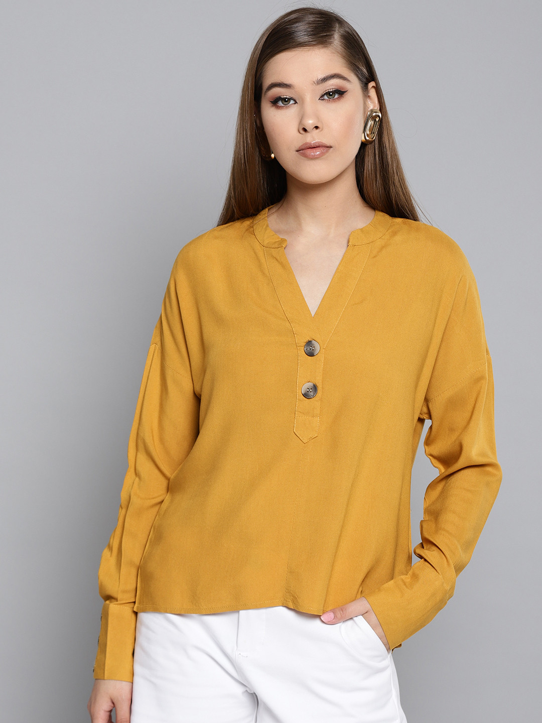Buy Harpa Women Mustard Yellow Solid Top Tops for Women 9697013