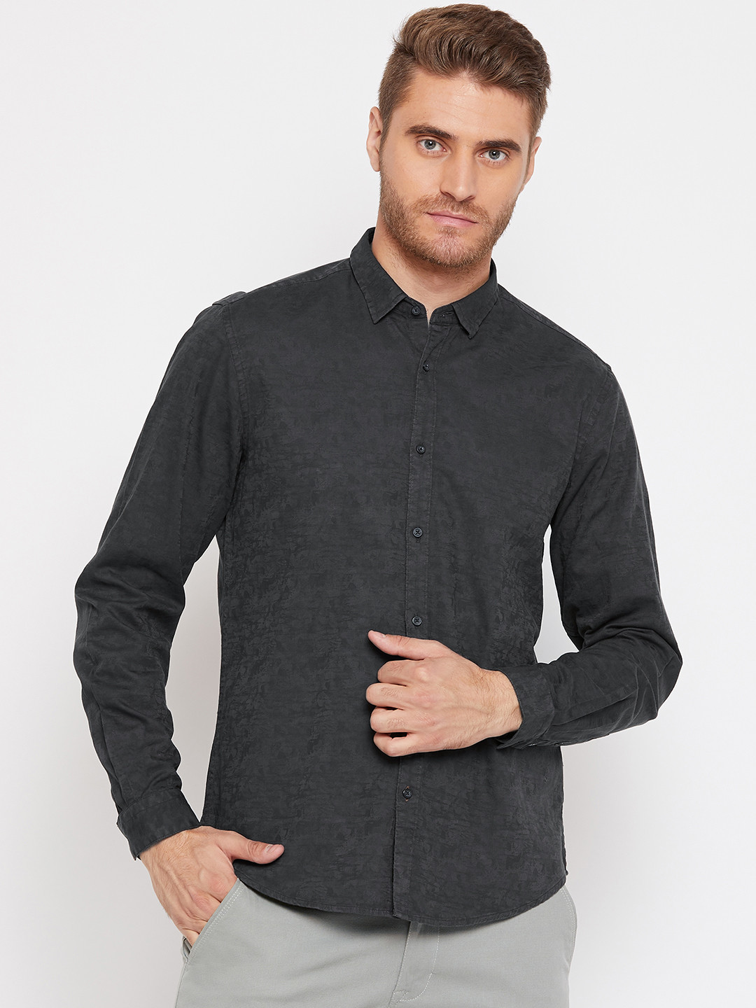 Blackberrys Men Black Trim Slim Fit Solid Casual Shirt