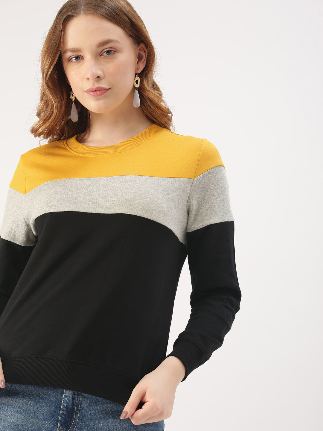 DressBerry Women Black & Mustard Yellow Colourblocked Sweatshirt
