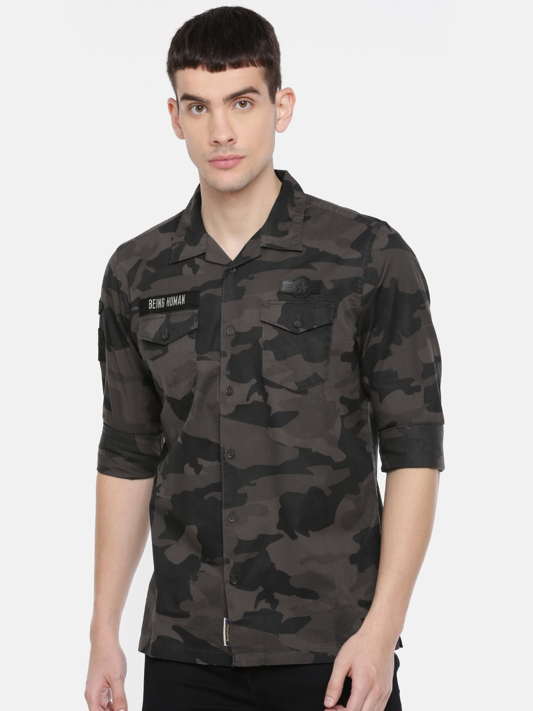 Buy Being Human Clothing Men Grey & Black Comfort Fit Camouflage Printed  Casual Shirt - Shirts for Men 9736939