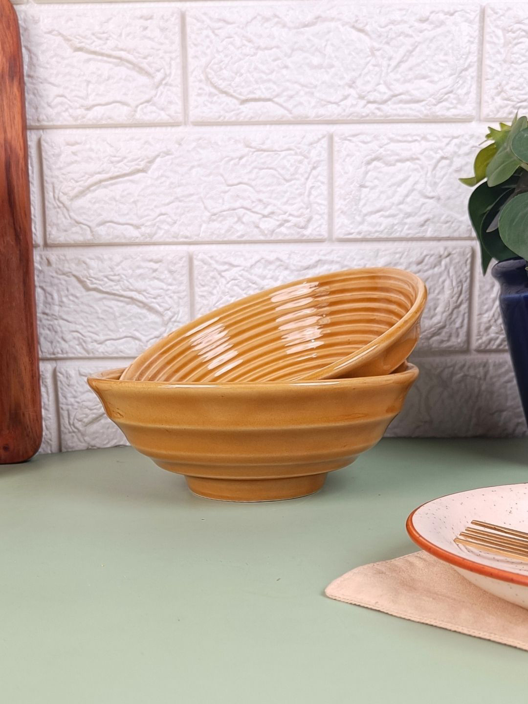 VarEesha Set of 2 Mustard Yellow Printed Ceramic Bowls