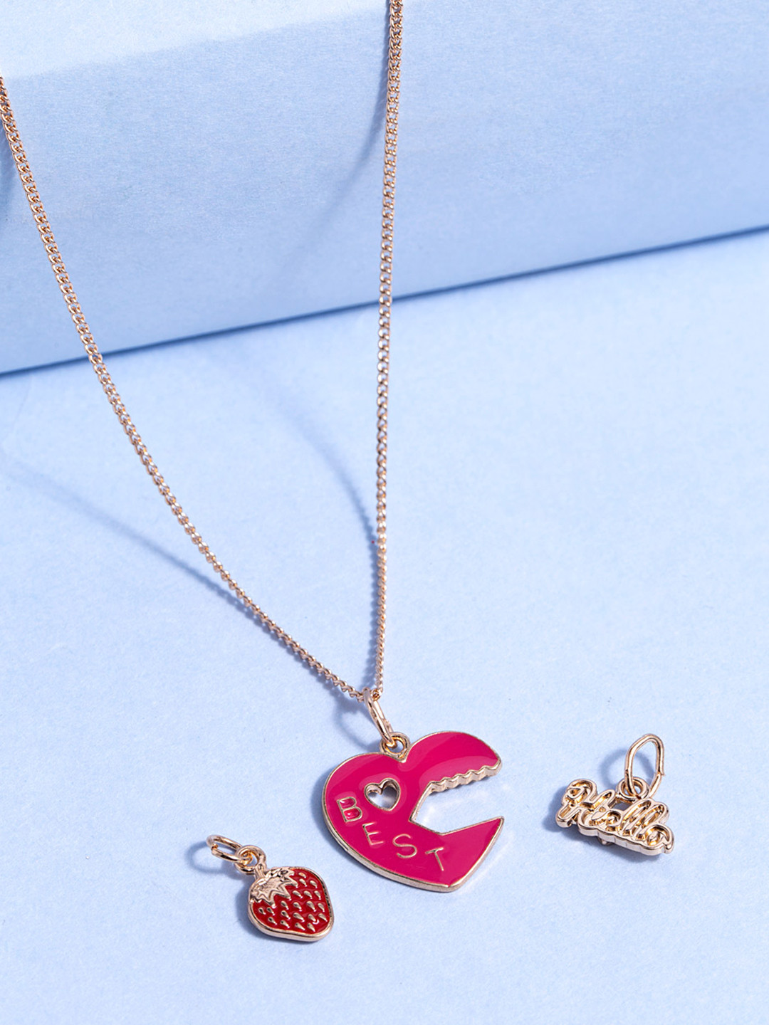 Voylla Women Set of 3 Gold-Plated & Pink Enamelled Interchangeable Pendants With Chain