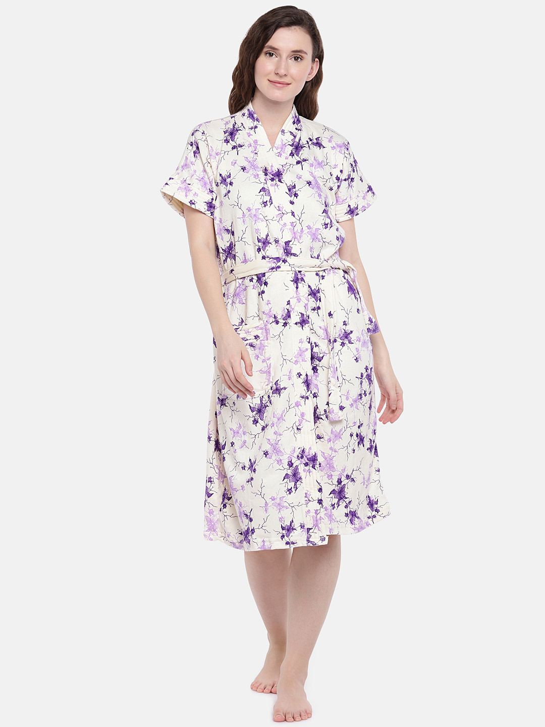 Sand Dune Women White & Lavender Printed Bath Robe 7016