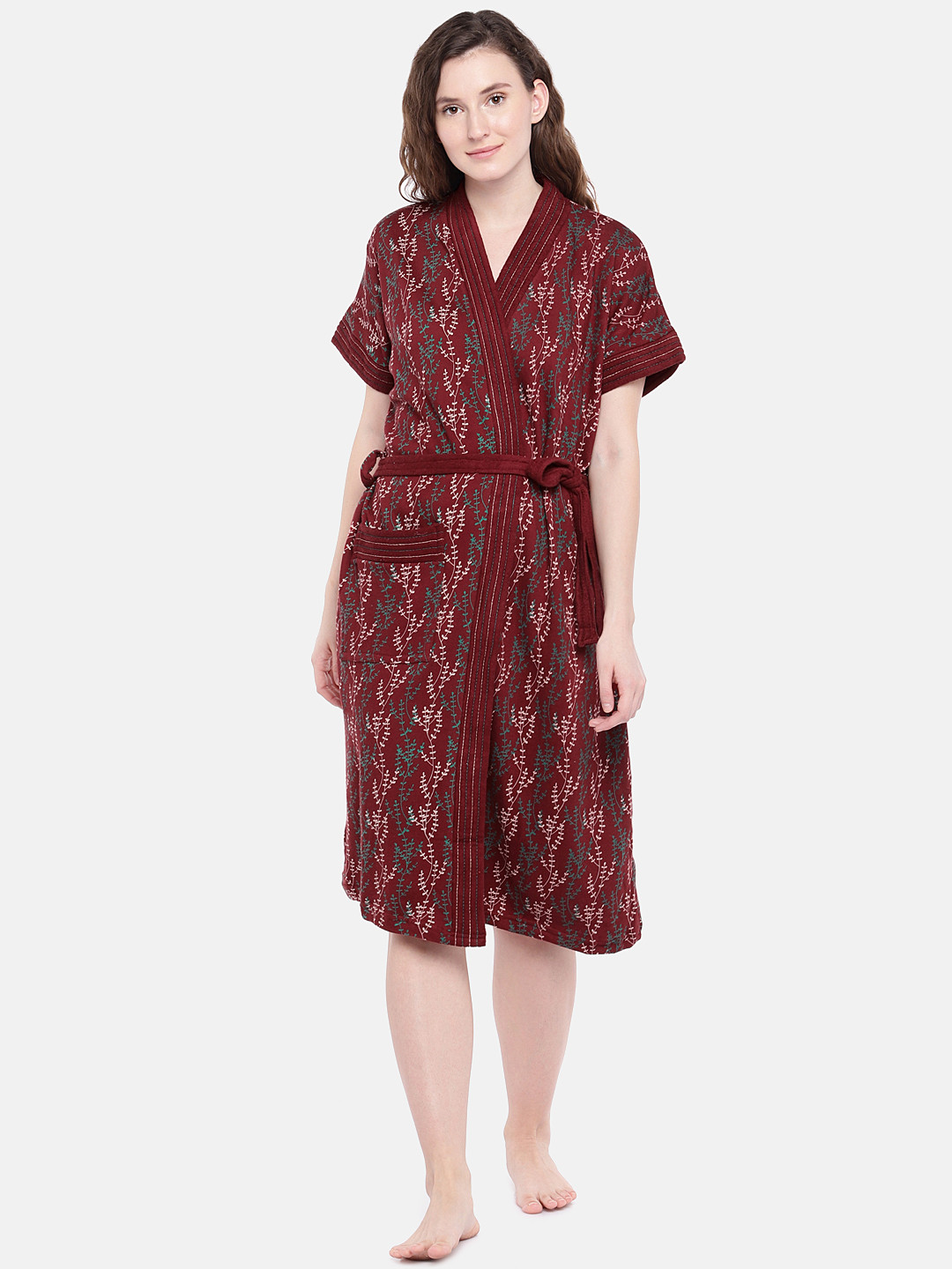 Sand Dune Maroon Leaf Cotton Drawstring Knee Length Bath Robe-L