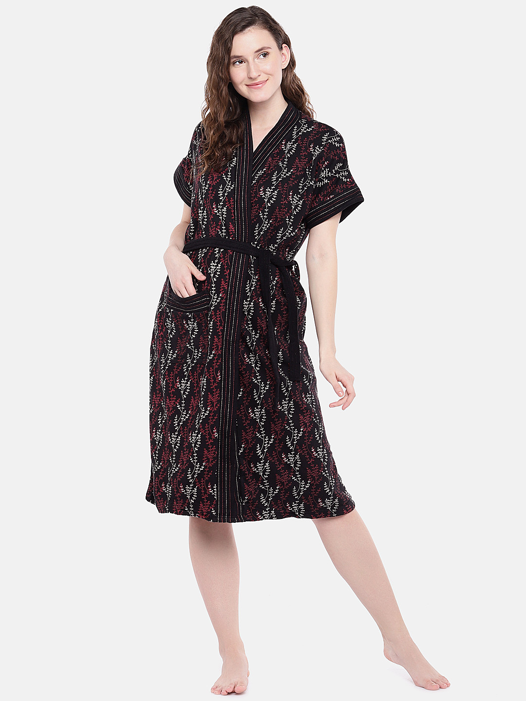 Sand Dune Black Leaf Cotton Drawstring Knee Length Bath Robe-XL