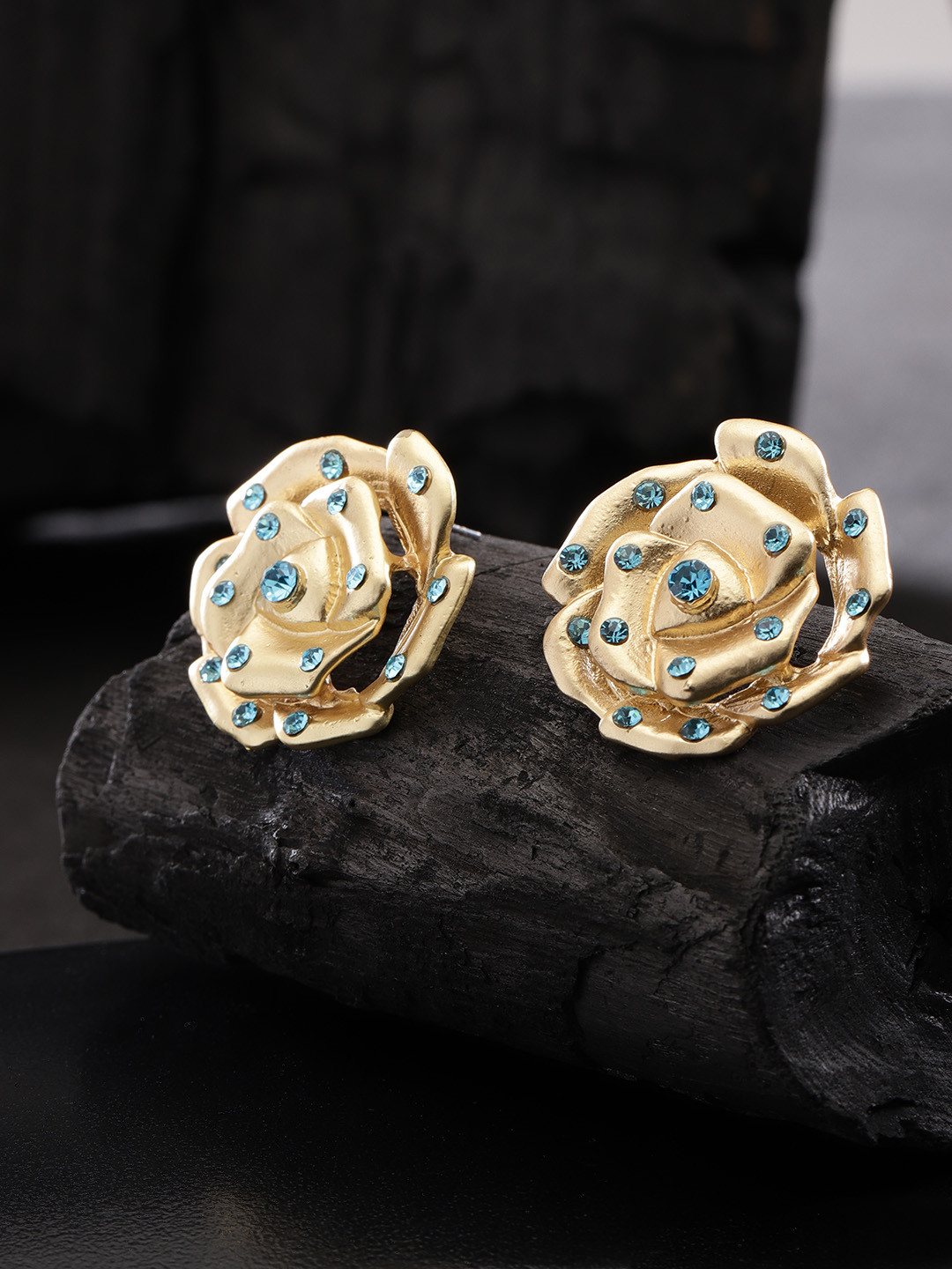 Jewels Galaxy Blue Gold-Plated Stone-Studded Floral Shaped Studs