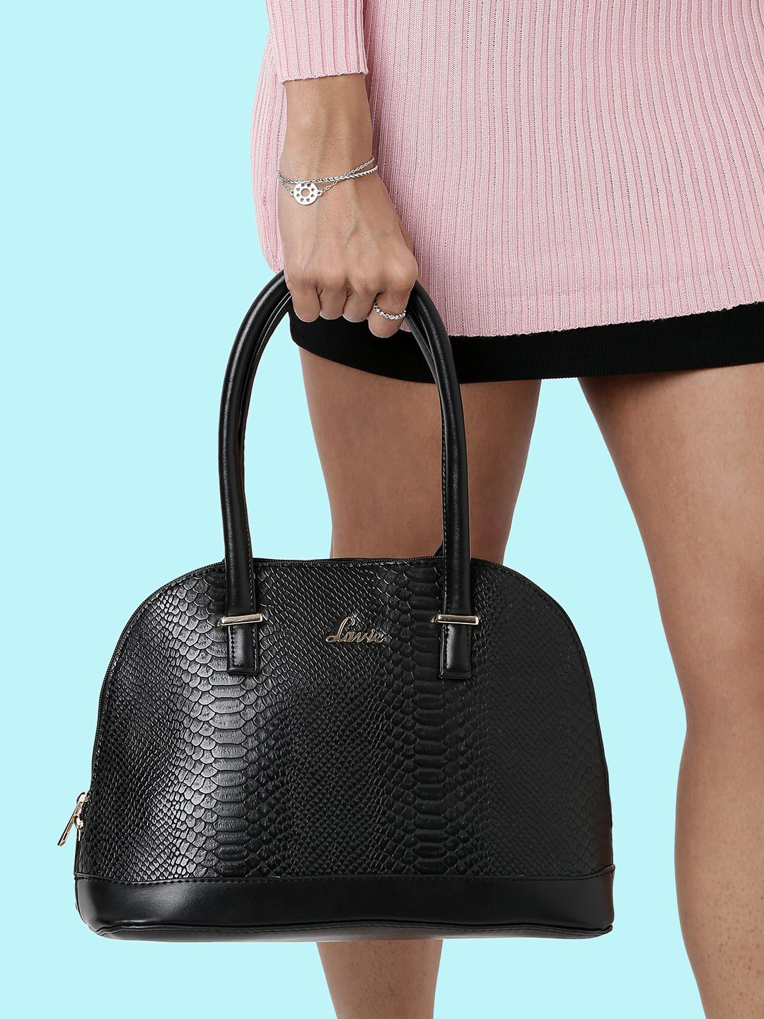 Buy Lavie Nasrin Black Textured Structured Satchel Bag Handbags