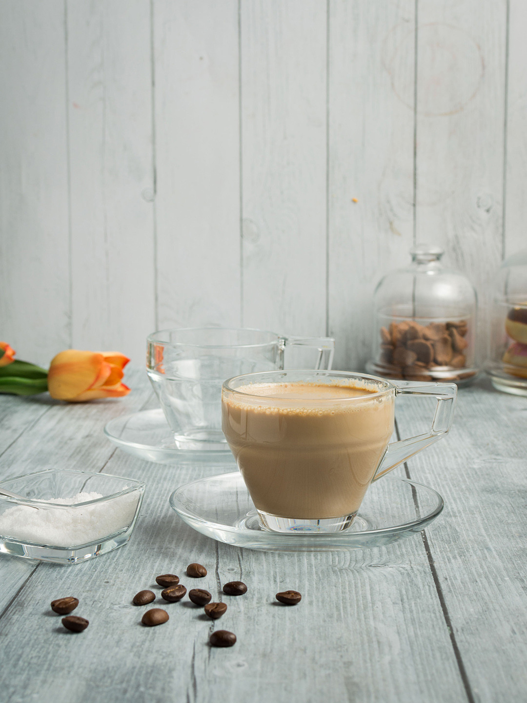 Pasabahce Set of 6 Glass Cups & Saucers 200 ml each