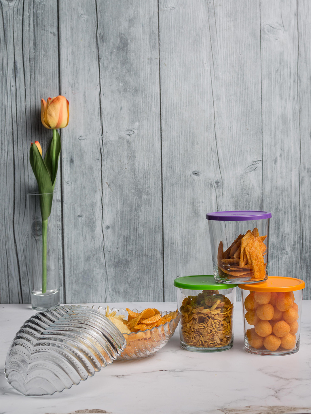 Pasabahce Bistro+ Botanica Jumbo Transparent Glass 5 Piece Flip Top Canister