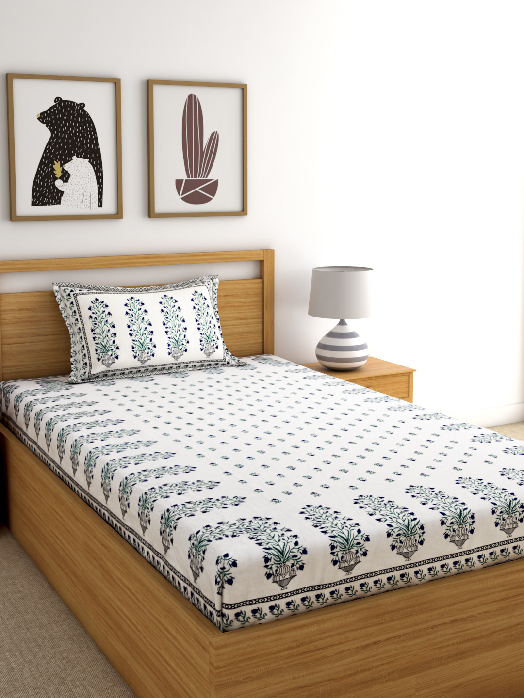 Rajasthan Decor White Ethnic Motifs Cotton Long Lasting 144 TC Single Bedsheet with a Pillow Cover-90 x 60 inches