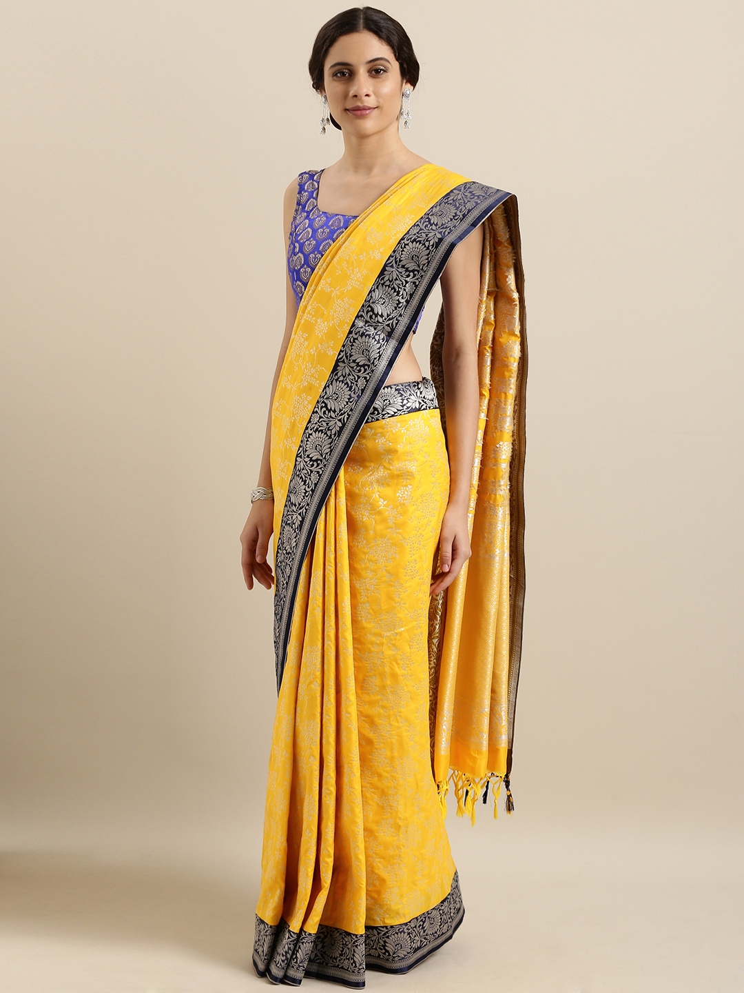 Yellow saree with navy sale blue blouse