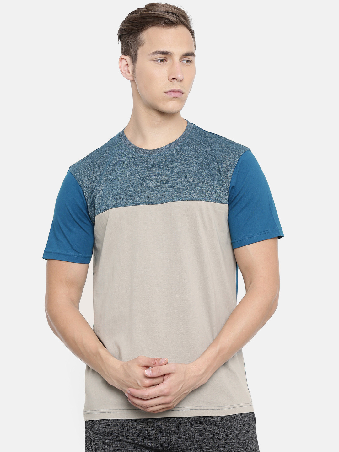 ARISE Men Grey  Teal Blue Colourblocked Round Neck Pure Cotton T-shirt
