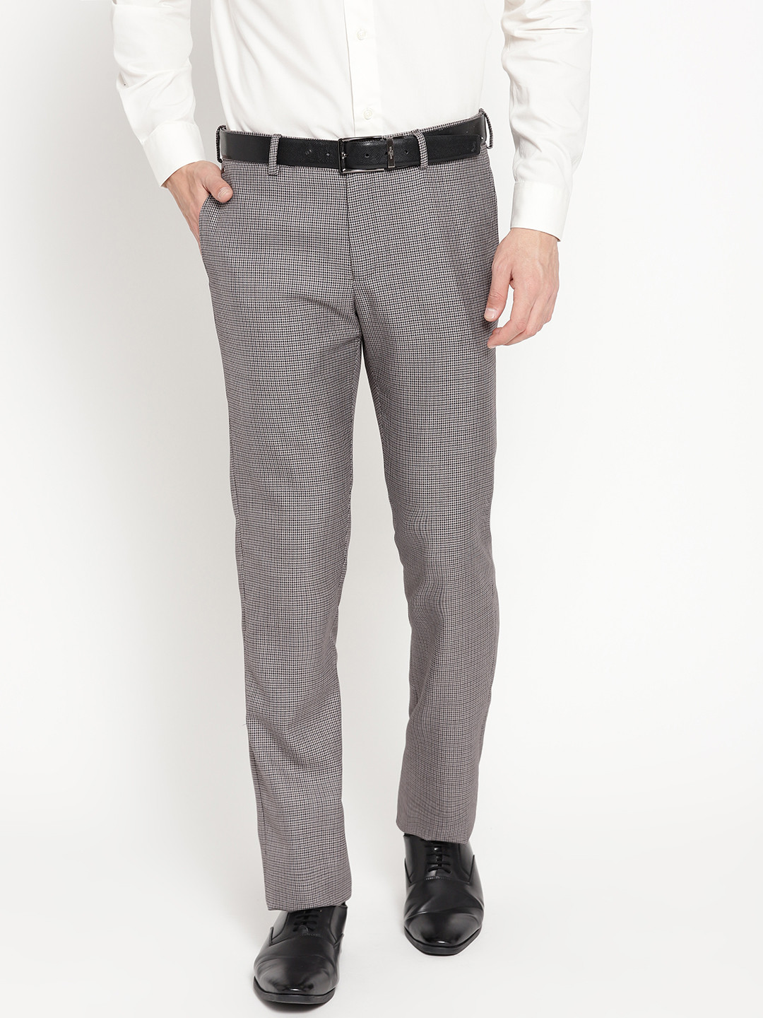 Blackberrys Men Grey & Black B-95 Regular Fit Self Design Formal Trousers