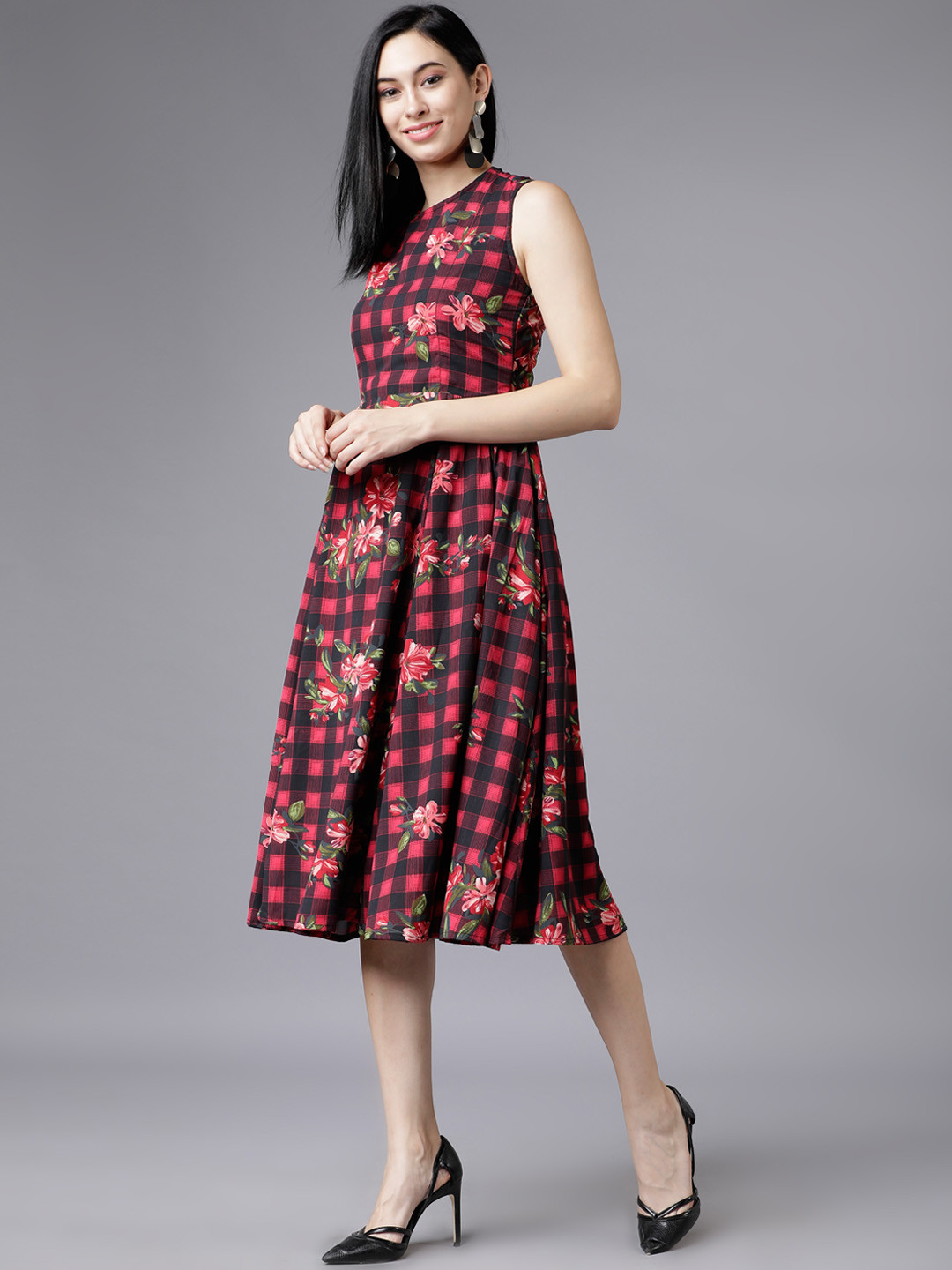 Tokyo Talkies Women Black & Red Floral Printed & Checked Fit and Flare Dress