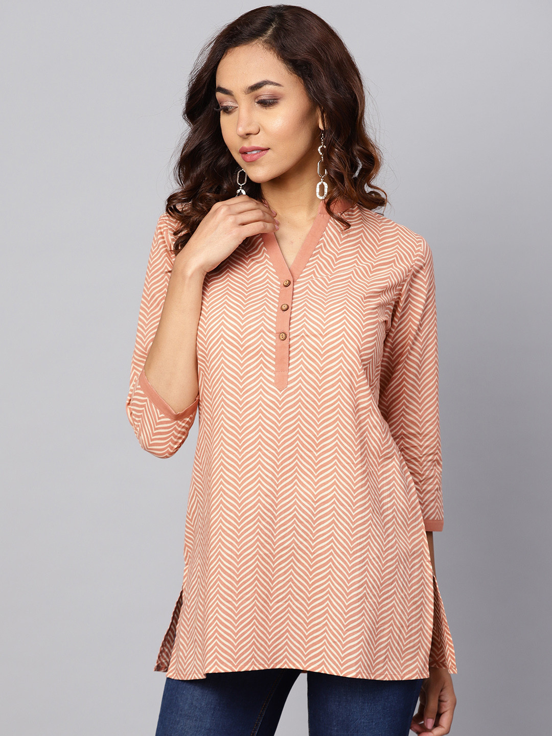anayna Women Peach-Coloured & Off-White Printed Shirt Style Pure Cotton Top