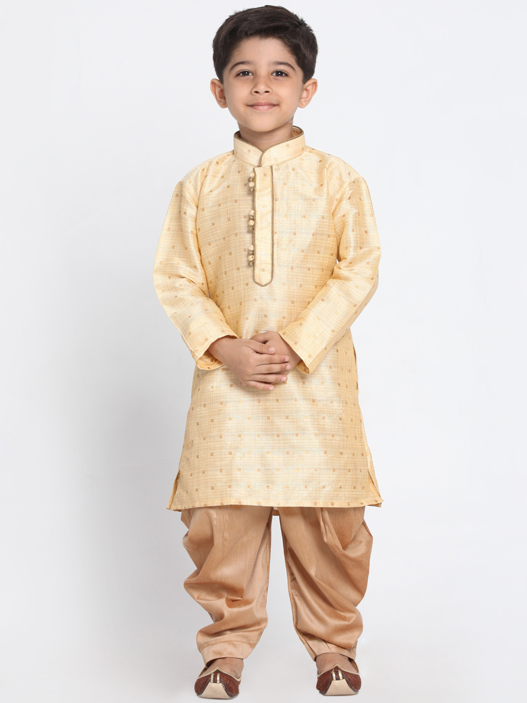 VASTRAMAY Boys Gold-Colored & Beige Self Design Kurta with Dhoti Pants
