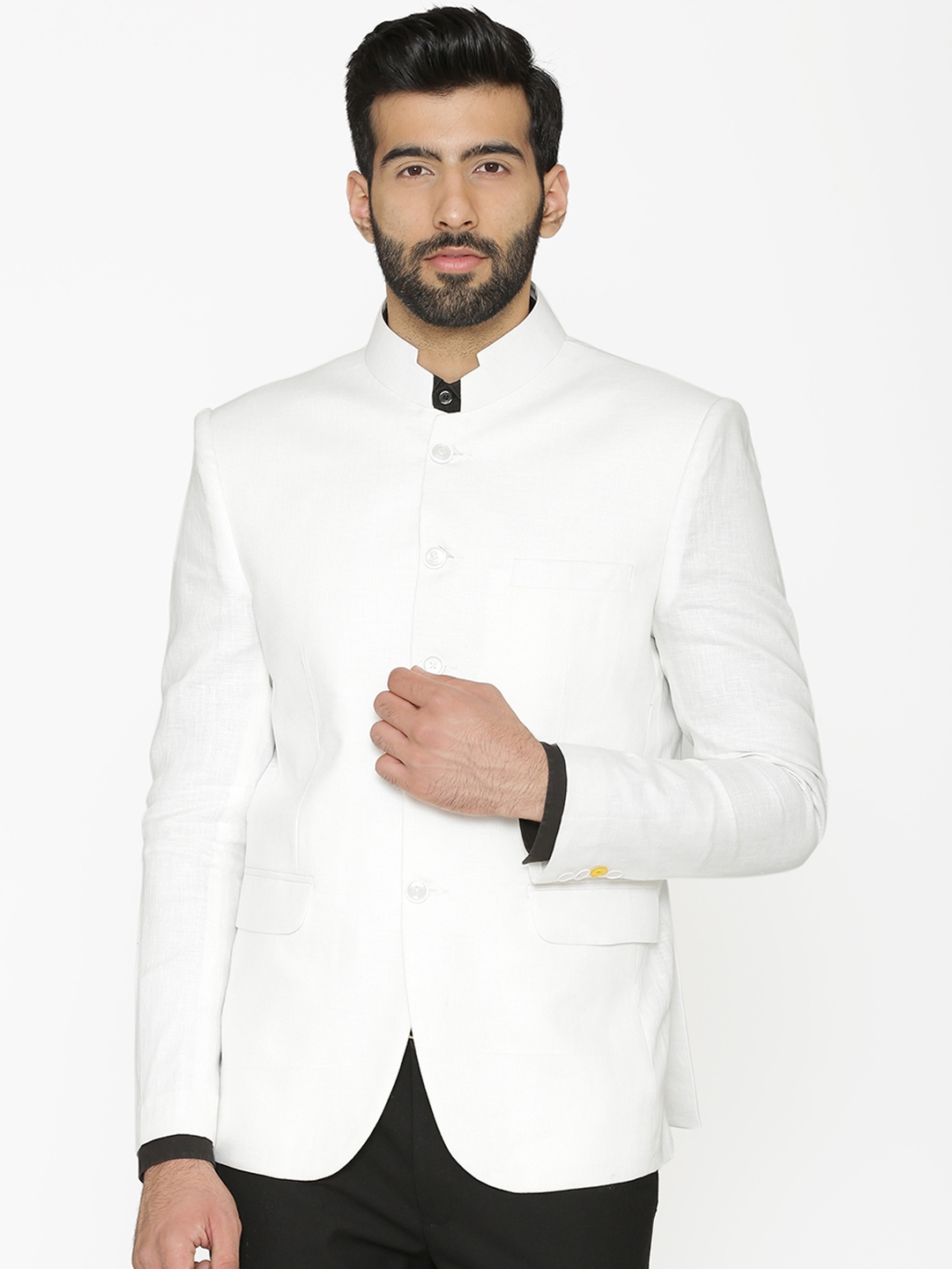 Buy Wintage Men White Solid Tailored Fit Linen Bandhgala Blazer ...