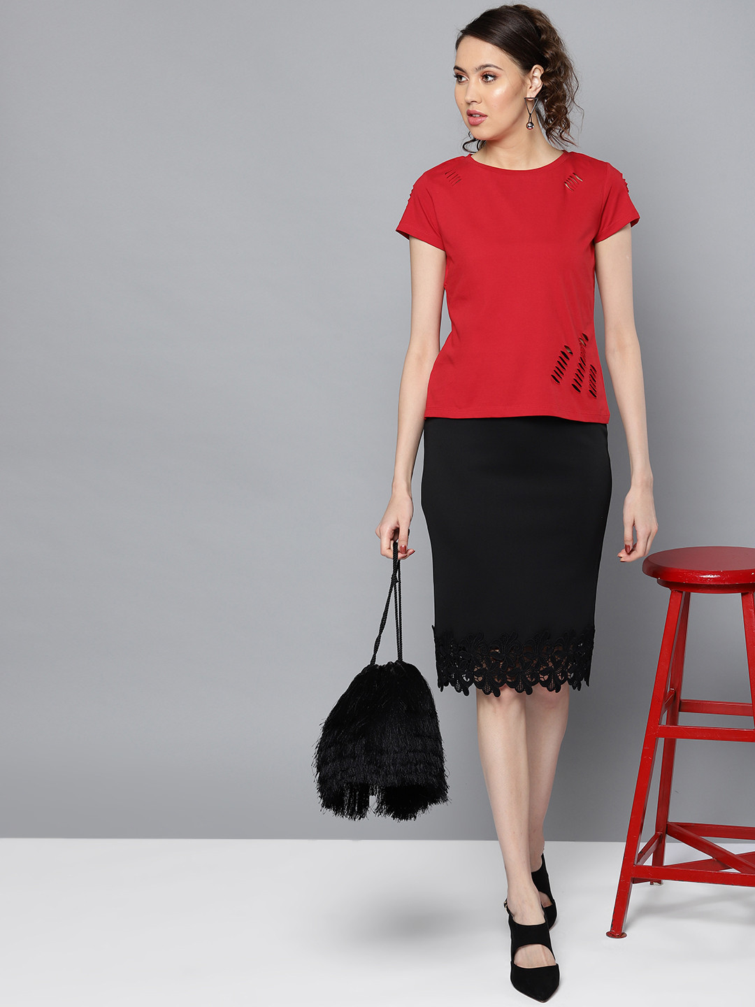 STREET 9 Women Red Solid Round Neck T-shirt with Cut-Out Detail