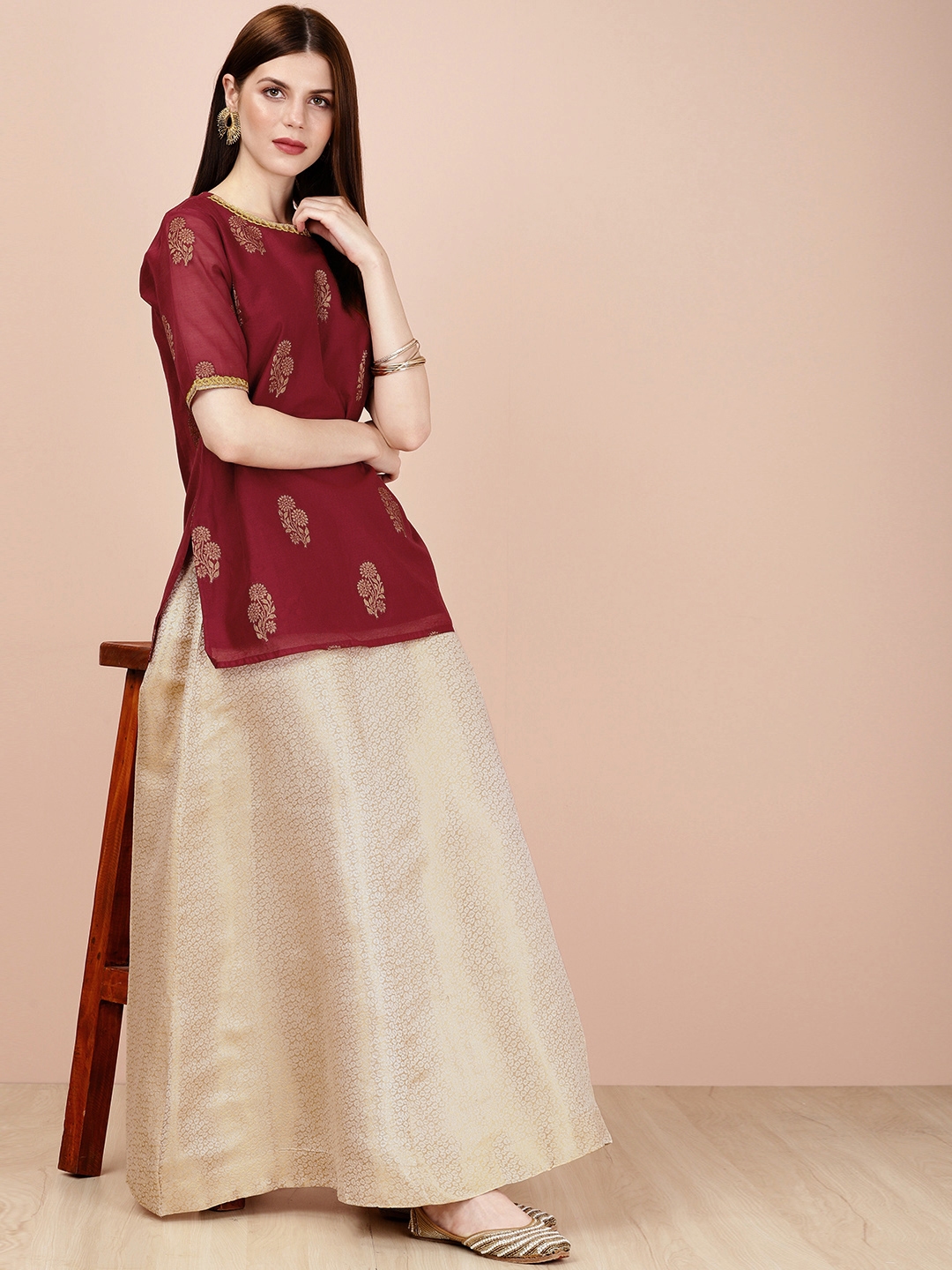Buy Jaipur Kurti Maroon & Mustard Cotton Printed Kurti Pant Set for Women  Online @ Tata CLiQ