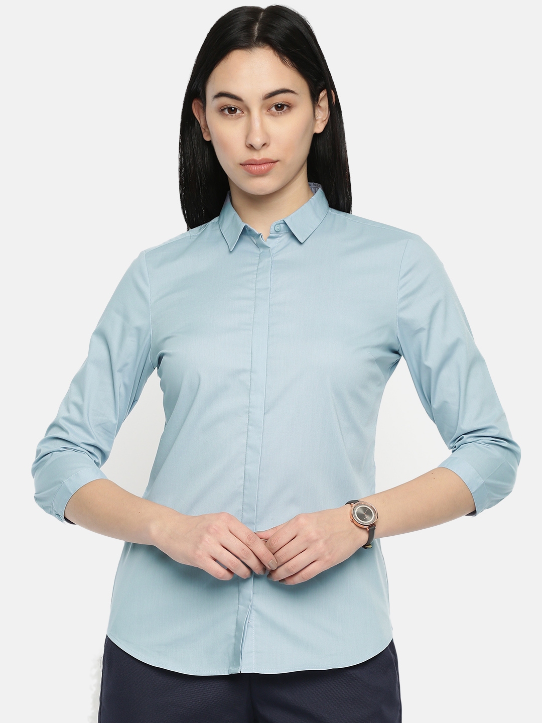 Buy Van Heusen Woman Women Blue Regular Fit Solid Formal Shirt
