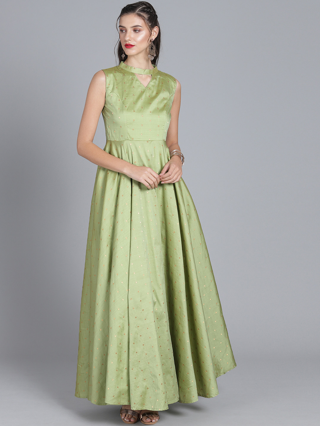 Ethnovog Women Green Woven Design Fit and Flare Made to Measure Maxi Dress