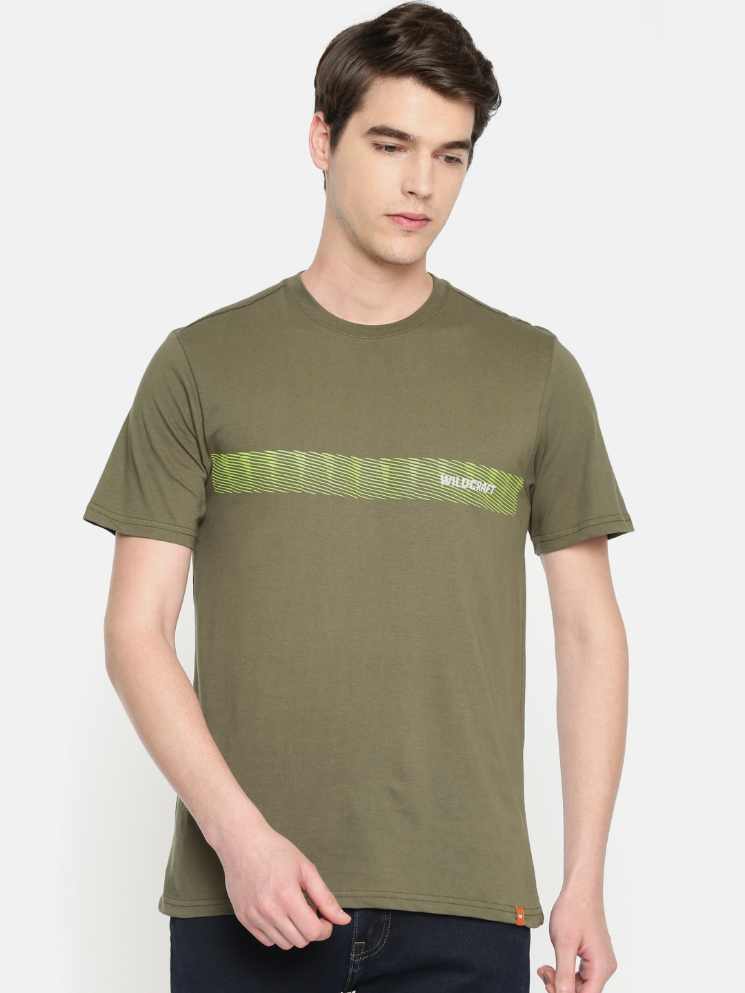 Men Olive Green Printed Round Neck 