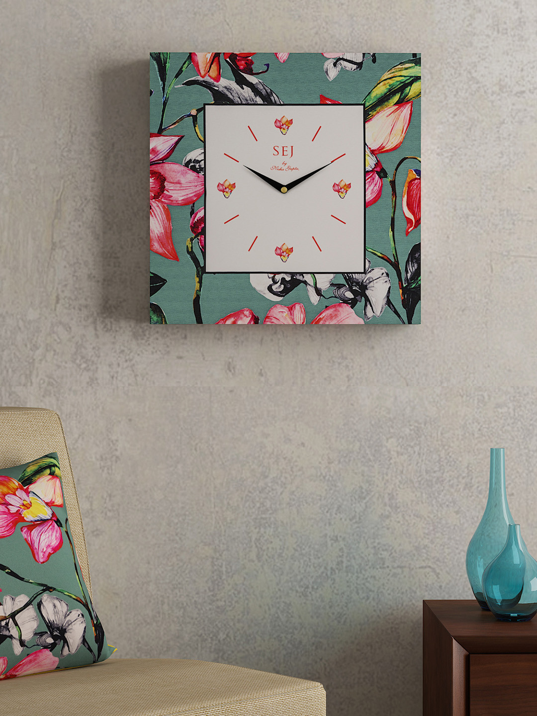 SEJ by Nisha Gupta Off-White Square Printed 36 cm Analogue Wall Clock