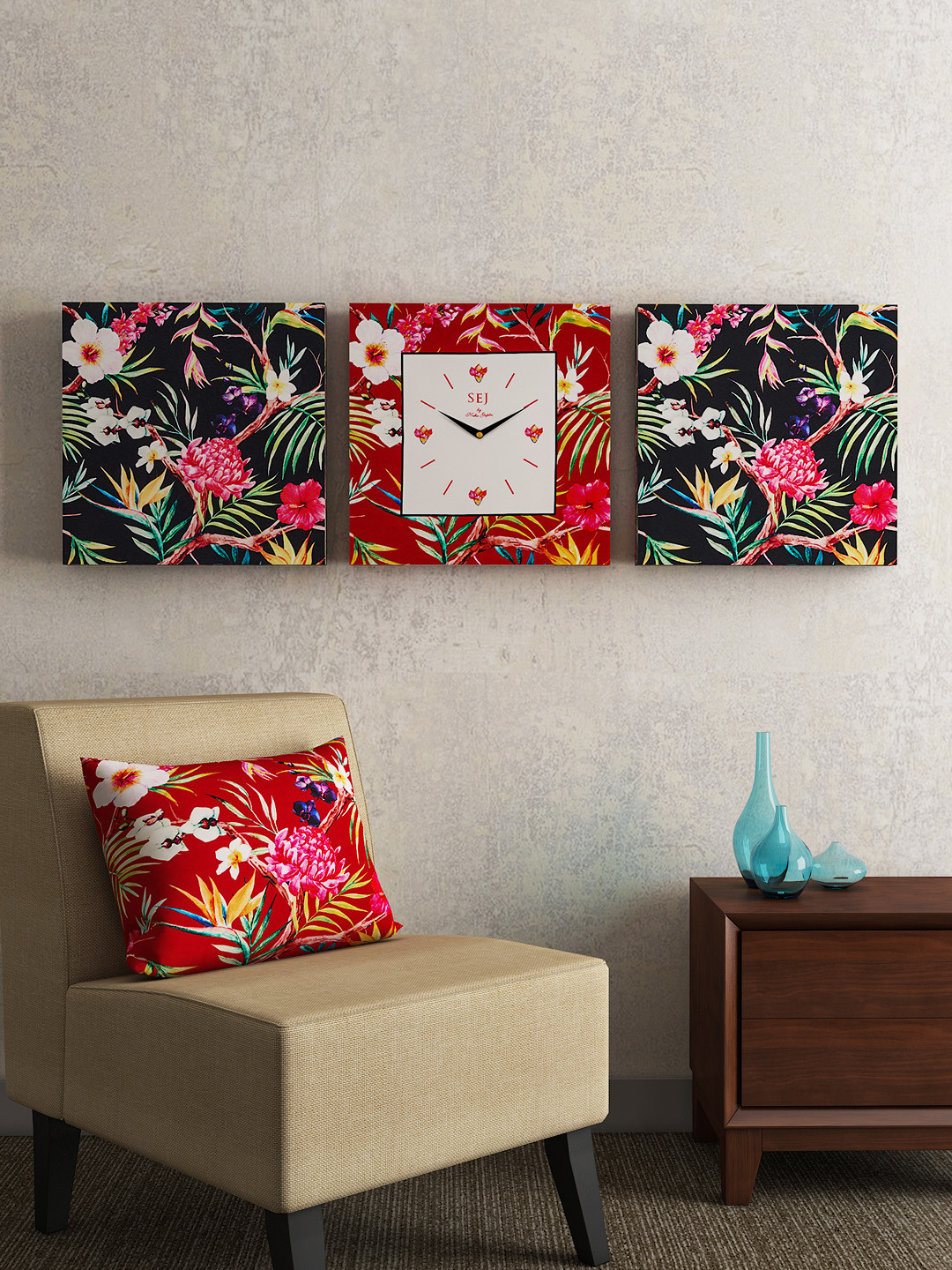 SEJ by Nisha Gupta Off White MDF Large Display Square Battery Analogue Wall Art Wall Clock