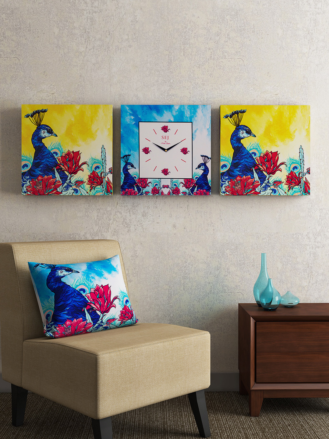 SEJ by Nisha Gupta Off-White Square Printed 36 cm Analogue Wall Clock with Wall Art