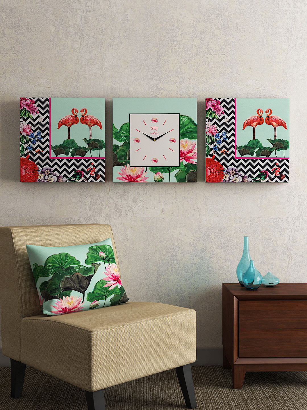 SEJ by Nisha Gupta Off-White Square Printed 36 cm Analogue Wall Clock with Wall Art