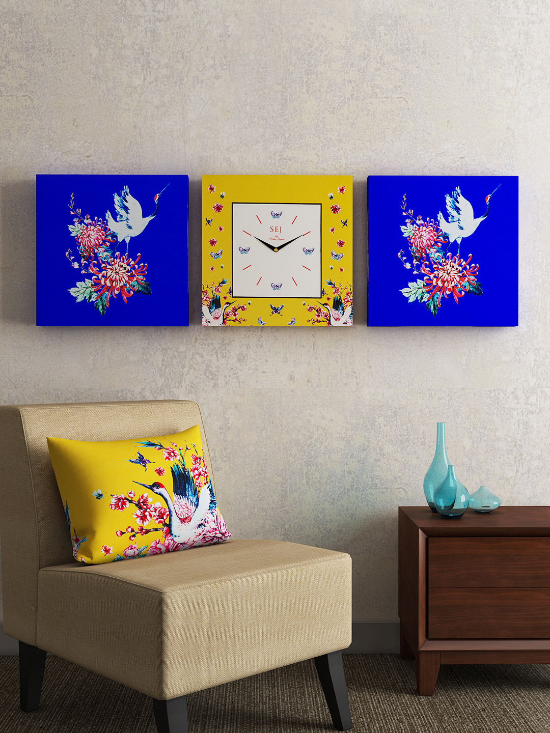 SEJ by Nisha Gupta Off-White Square Printed 36 cm Analogue Wall Clock with Wall Art