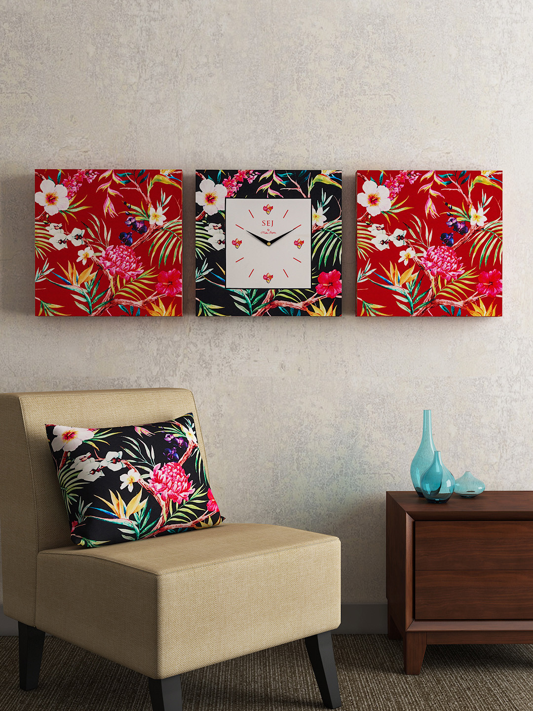 SEJ by Nisha Gupta Floral MDF Large Display Square Battery Analogue Wall Arts Wall Clock