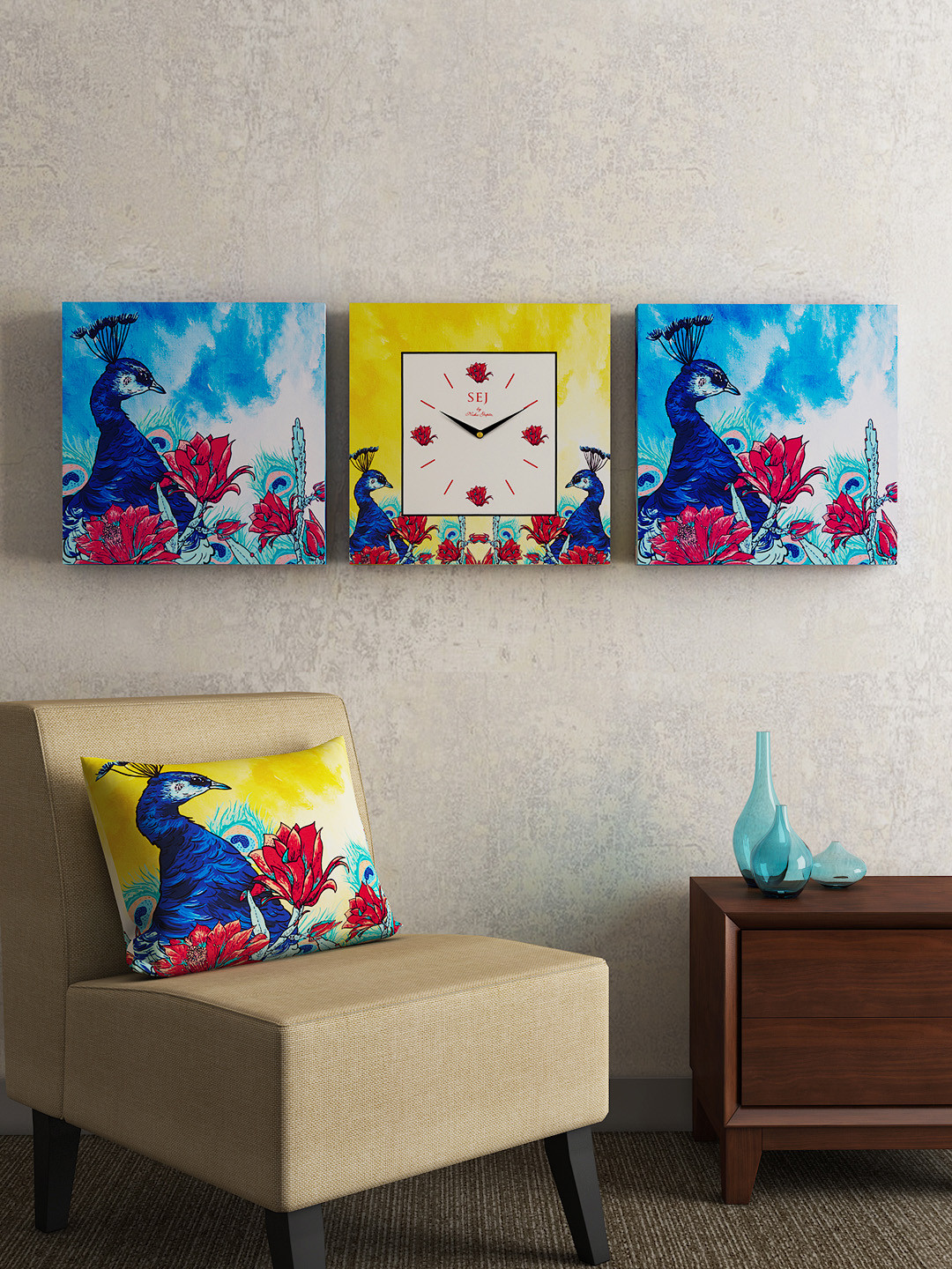 SEJ by Nisha Gupta Off White MDF Large Display 3 Pcs Square Battery Analogue Wall Clock